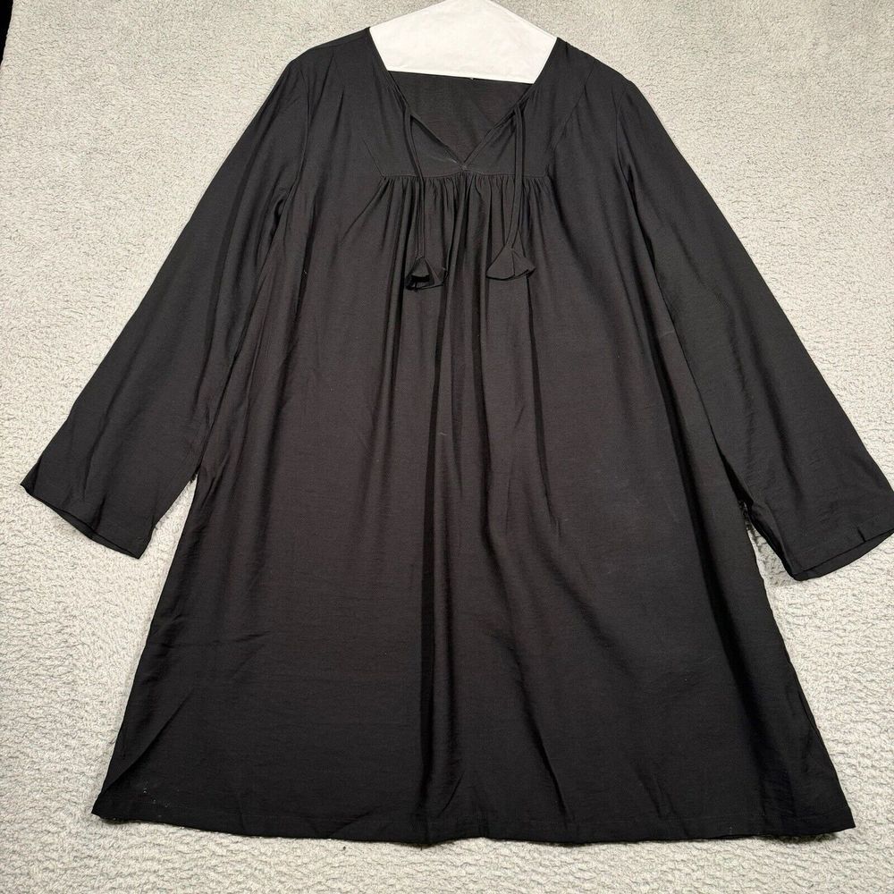 Fresh Produce Dress Womens L Solid Black‎ V-Neck Long Sleeve Short Flowy Tassels